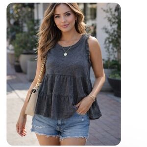 Rabbit Rose Grey Womens Babydoll Ruffled Cap Sleeve Casual Tiered Blouse S